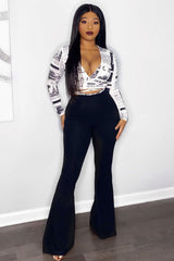 Black High Waisted Side Zip Flare Trousers - Billie-Trousers