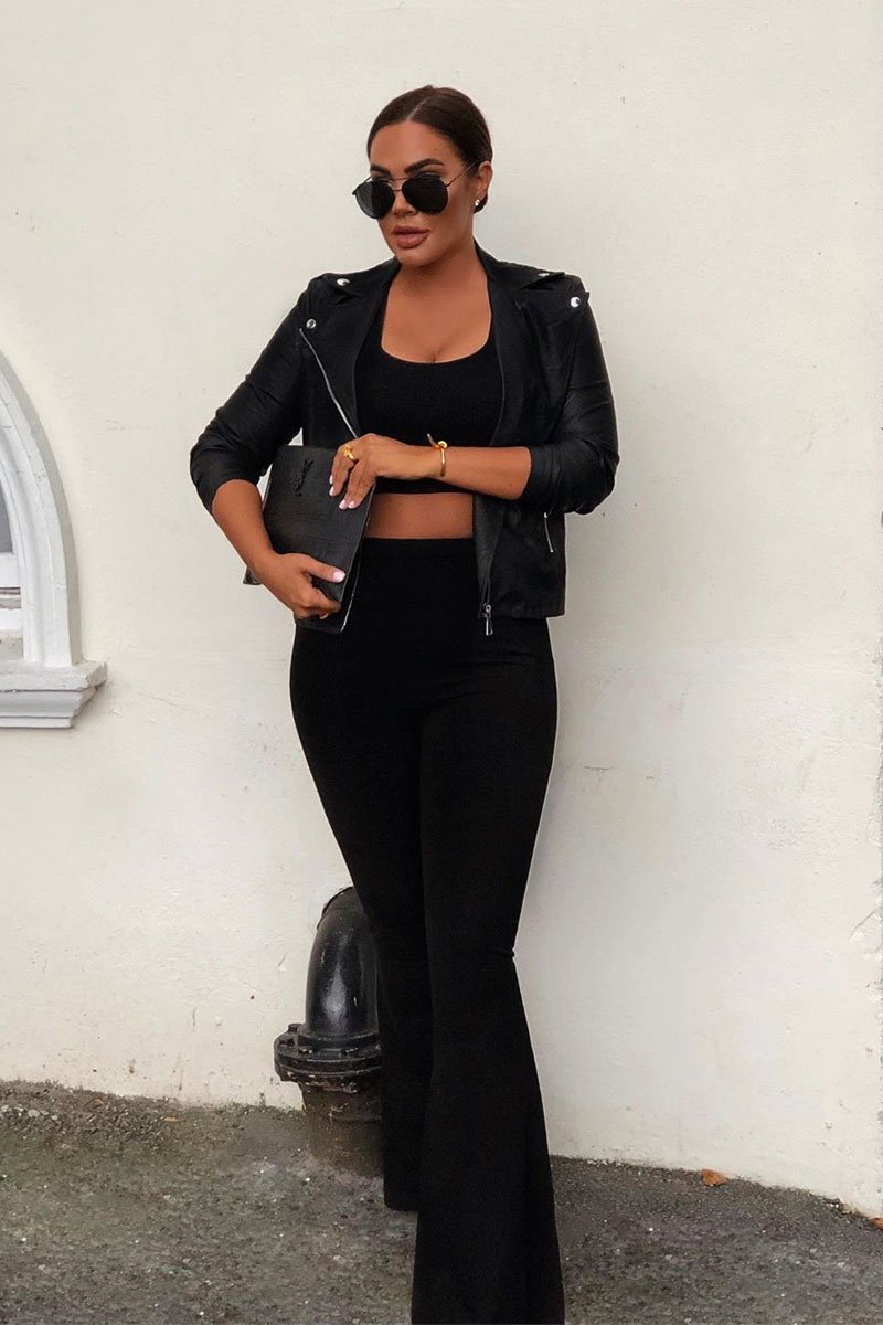 Black High Waisted Side Zip Flare Trousers - Billie-Trousers