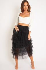 Black High Waisted Tulle Ruffle Midi Skirt - Aaliyana-Skirts