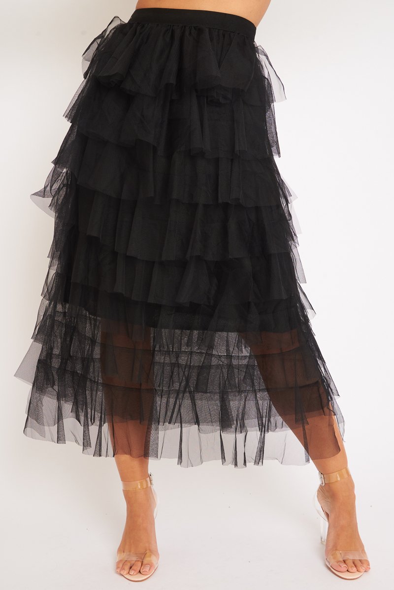 Black High Waisted Tulle Ruffle Midi Skirt - Aaliyana-Skirts