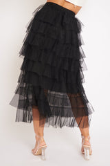 Black High Waisted Tulle Ruffle Midi Skirt - Aaliyana-Skirts