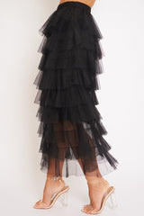 Black High Waisted Tulle Ruffle Midi Skirt - Aaliyana-Skirts