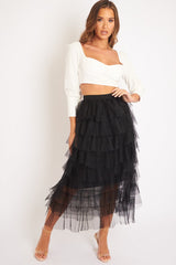 Black High Waisted Tulle Ruffle Midi Skirt - Aaliyana-Skirts