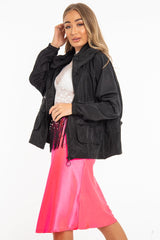 Black Hooded Zip Front Rain Parka - Leticia-Coats
