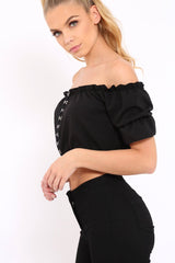 Black Hook And Eye Bardot Frill Crop Top - Reanna-Tops