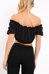 Black Hook And Eye Bardot Frill Crop Top - Reanna-Tops
