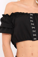 Black Hook And Eye Bardot Frill Crop Top - Reanna-Tops