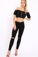 Black Hook And Eye Bardot Frill Crop Top - Reanna-Tops