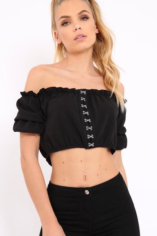 Black Hook And Eye Bardot Frill Crop Top - Reanna
