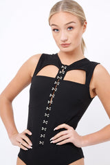 Black Hook And Eye Cut Out Bodysuit - Reign-Bodysuits