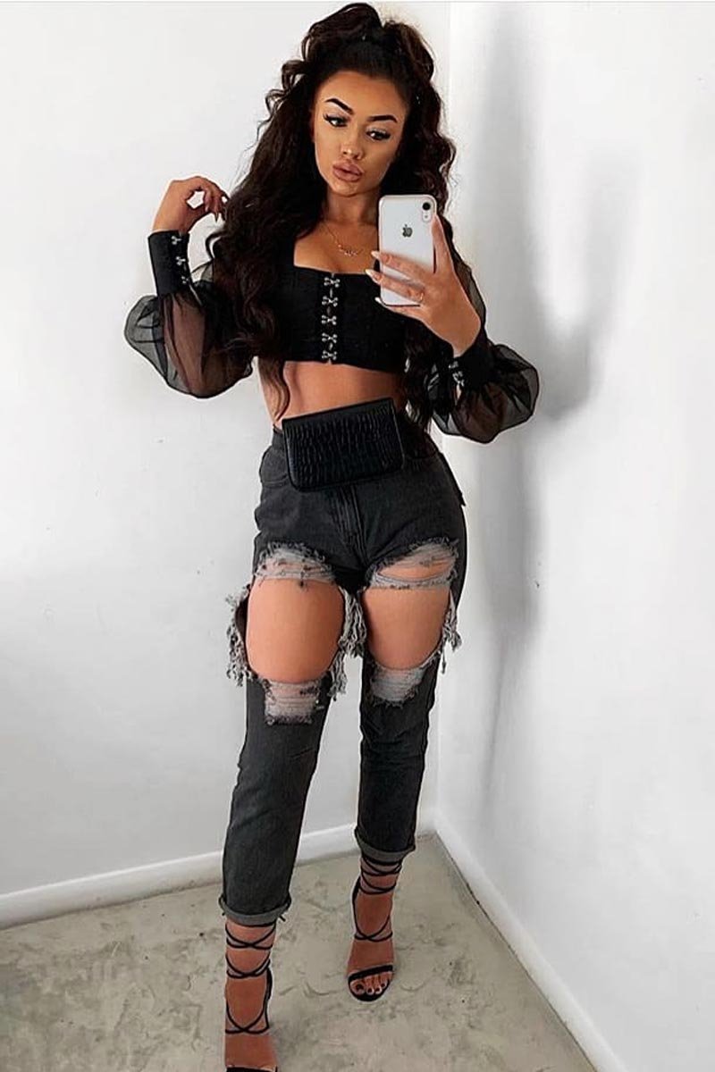 Black Hook And Eye Mesh Sleeve Crop Top - Raylen-Crop Tops