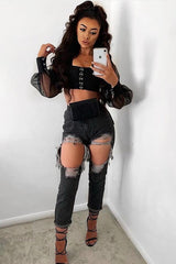 Black Hook And Eye Mesh Sleeve Crop Top - Raylen-Crop Tops