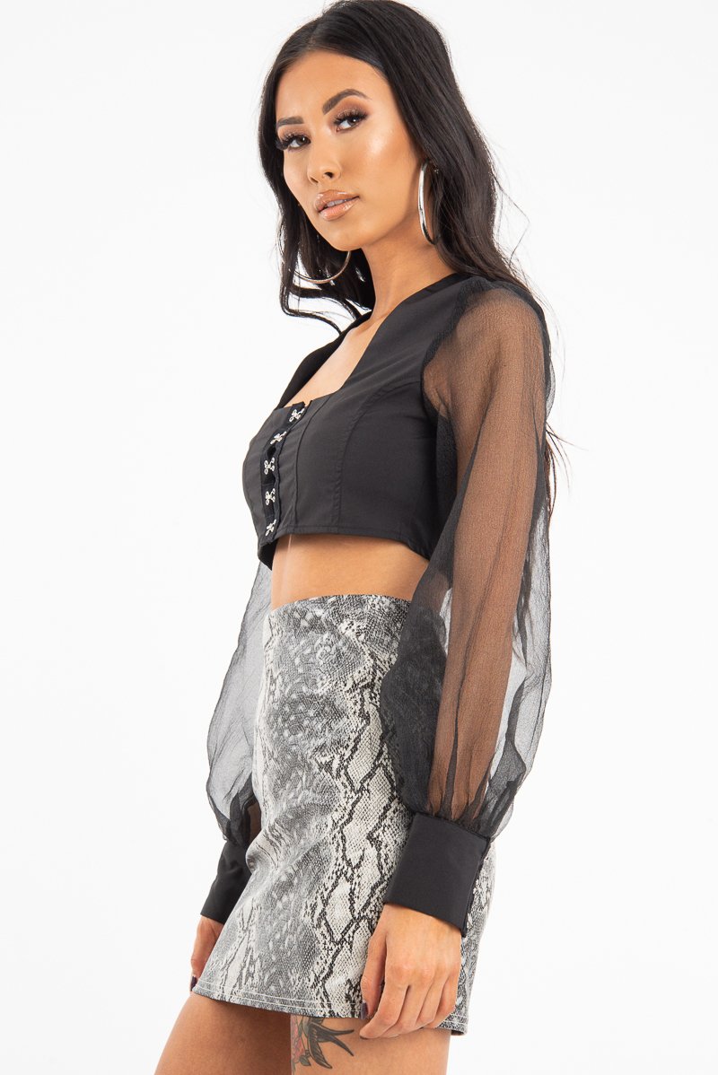 Black Hook And Eye Mesh Sleeve Crop Top - Raylen-Crop Tops