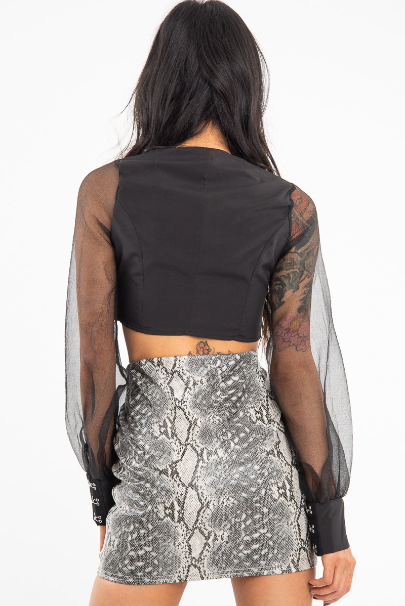 Black Hook And Eye Mesh Sleeve Crop Top - Raylen-Crop Tops
