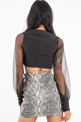 Black Hook And Eye Mesh Sleeve Crop Top - Raylen-Crop Tops