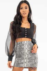 Black Hook And Eye Mesh Sleeve Crop Top - Raylen-Crop Tops