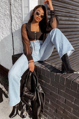 Black Hook And Eye Mesh Sleeve Crop Top - Raylen-Crop Tops