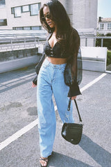 Black Hook And Eye Mesh Sleeve Crop Top - Raylen-Crop Tops