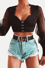 Black Hook And Eye Mesh Sleeve Crop Top - Raylen-Crop Tops