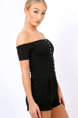 Black Hook And Eye Off Shoulder Playsuit - Caitlyn-Playsuits
