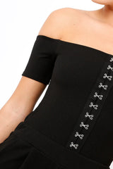 Black Hook And Eye Off Shoulder Playsuit - Caitlyn-Playsuits