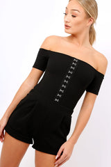 Black Hook And Eye Off Shoulder Playsuit - Caitlyn-Playsuits