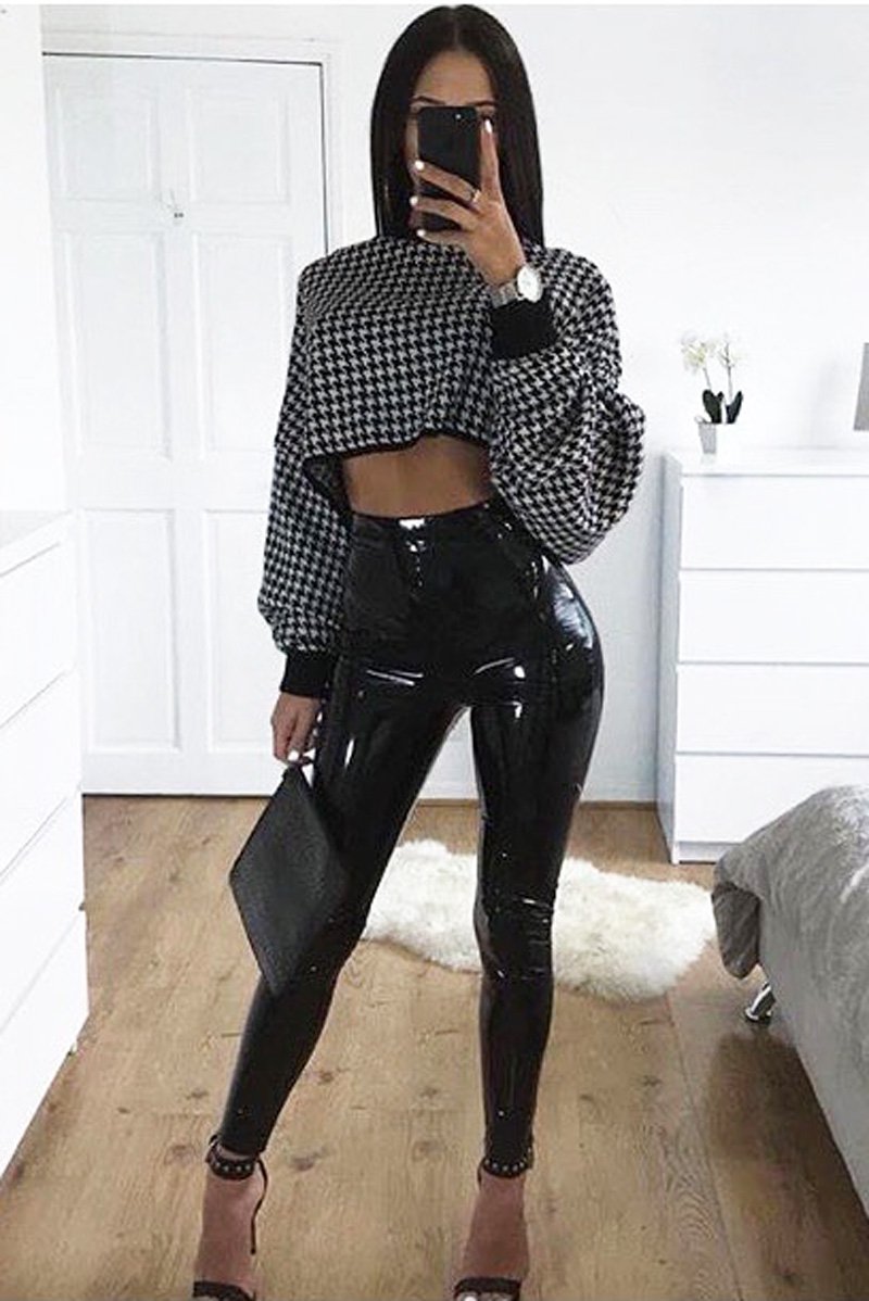 Black Hounds-Tooth Cropped Batwing Jumper - Lizy-Jumper