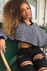 Black Hounds-Tooth Cropped Batwing Jumper - Lizy-Jumper