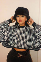 Black Hounds-Tooth Cropped Batwing Jumper - Lizy-Jumper