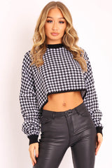 Black Hounds-Tooth Cropped Batwing Jumper - Lizy-Jumper