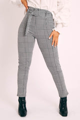 Black Houndstooth Print Belted Trousers - Kirstie-Trousers
