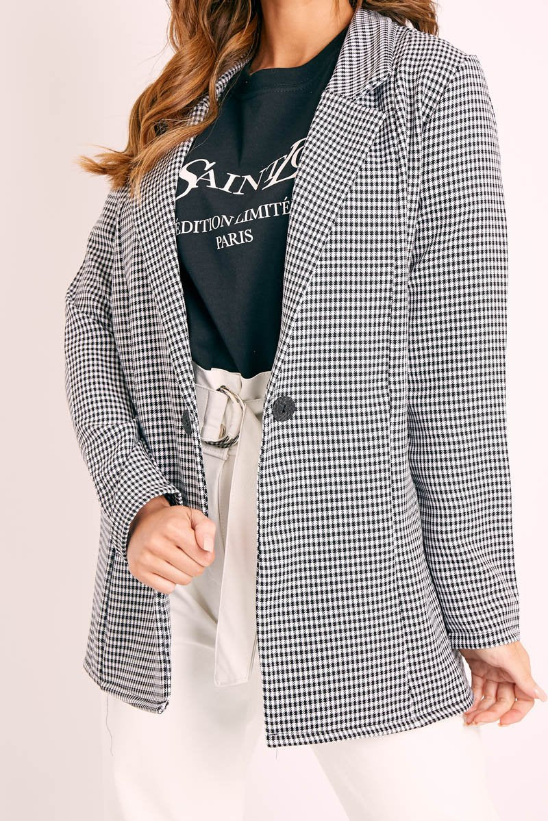 Black Houndstooth Single Breasted Blazer - Bellah-Blazers
