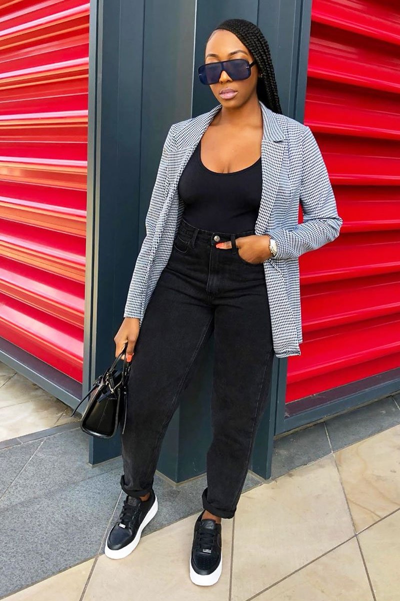 Black Houndstooth Single Breasted Blazer - Bellah-Blazers