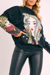 Black Illustration Graphic Print Sweatshirt - Cammie-Jumper