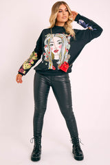 Black Illustration Graphic Print Sweatshirt - Cammie-Jumper