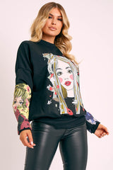 Black Illustration Graphic Print Sweatshirt - Cammie-Jumper