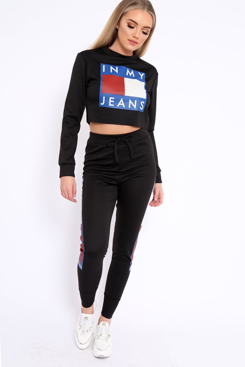 Black In My Jeans Cropped Top Loungewear Set - Yarely-Loungewear