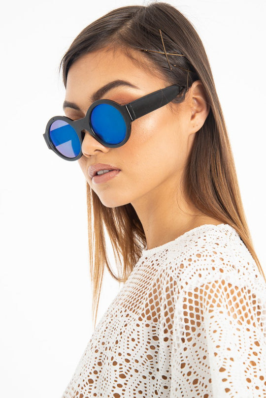 Black Iridescent Lens Round Frame Sunglasses - Teia