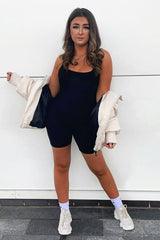 Black Jersey Scoop Neck Unitard - Patsy-Playsuits