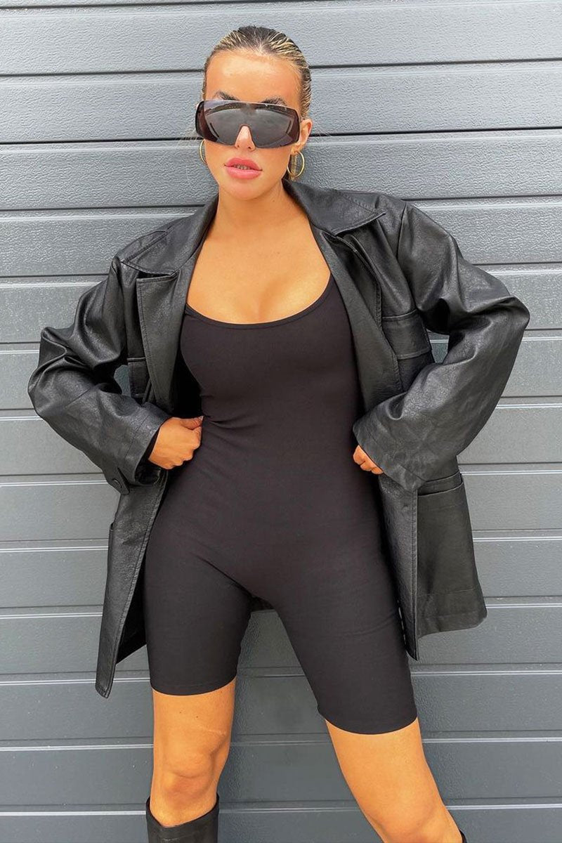 Black Jersey Scoop Neck Unitard - Patsy-Playsuits