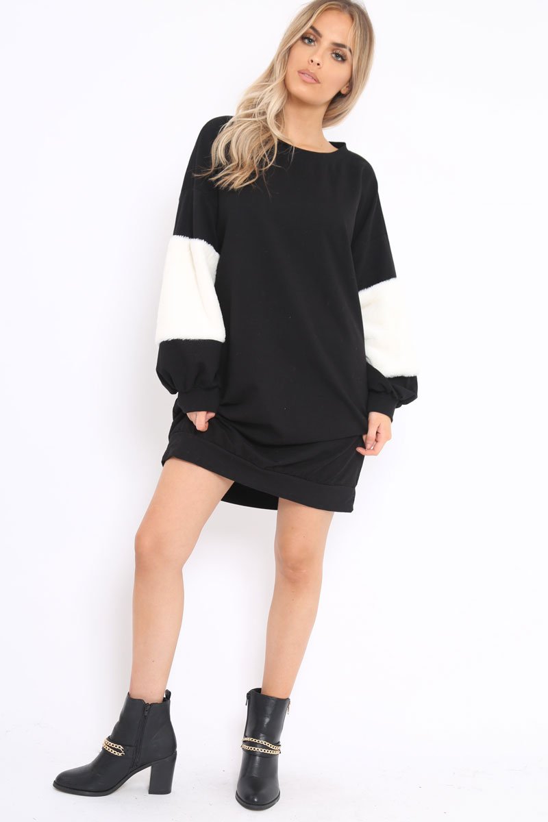 Black Jumper Dress with Fur Sleeves - Paris-Dresses