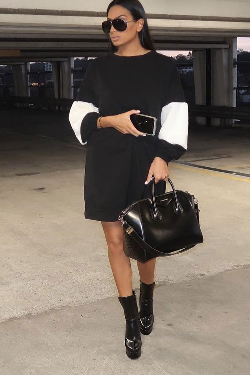 Black Jumper Dress with Fur Sleeves - Paris-Dresses