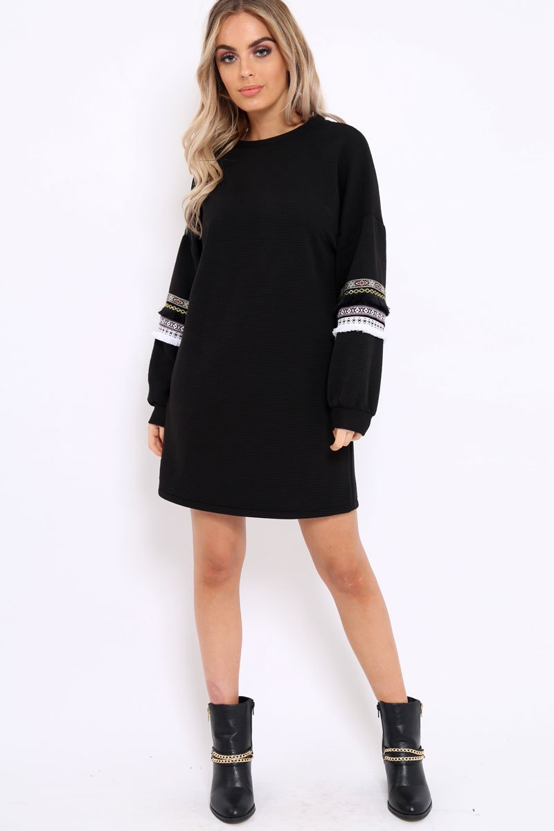 Black Jumper Dress with Sleeve Trim Detail - Hermina-Dresses