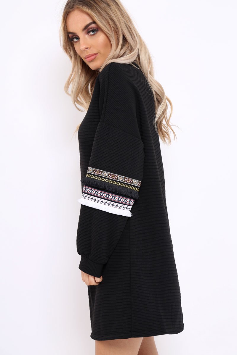 Black Jumper Dress with Sleeve Trim Detail - Hermina-Dresses