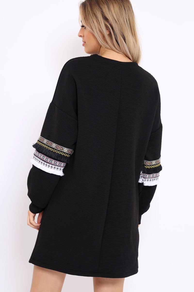 Black Jumper Dress with Sleeve Trim Detail - Hermina-Dresses