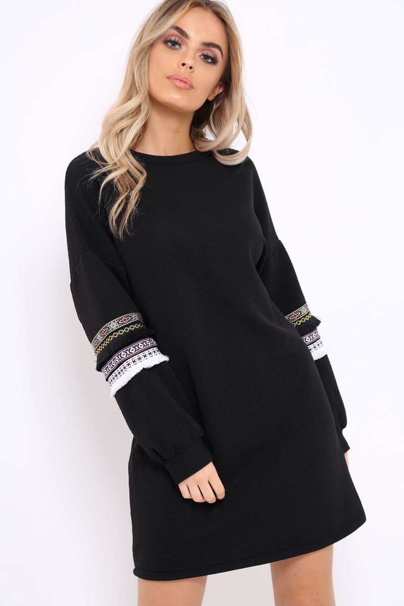 Black Jumper Dress with Sleeve Trim Detail - Hermina-Dresses