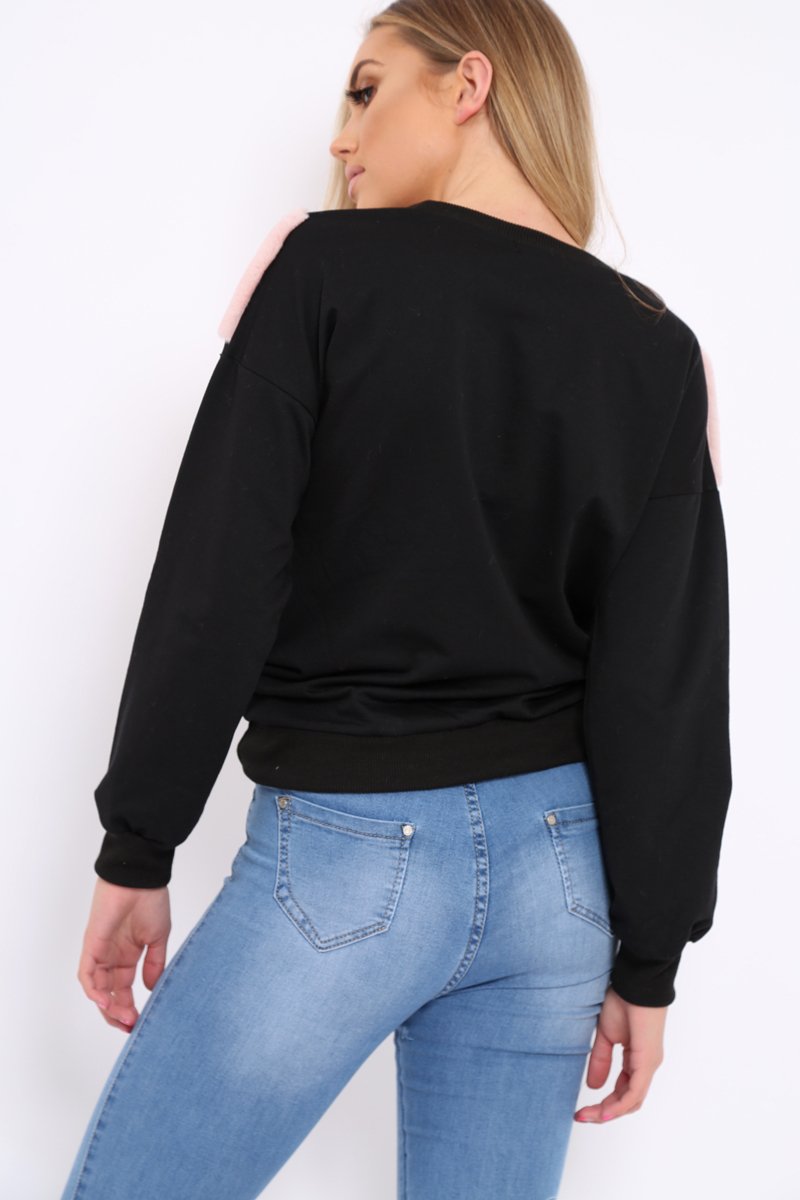 Black Jumper with Fur and Pearl Front - Annita-Jumper