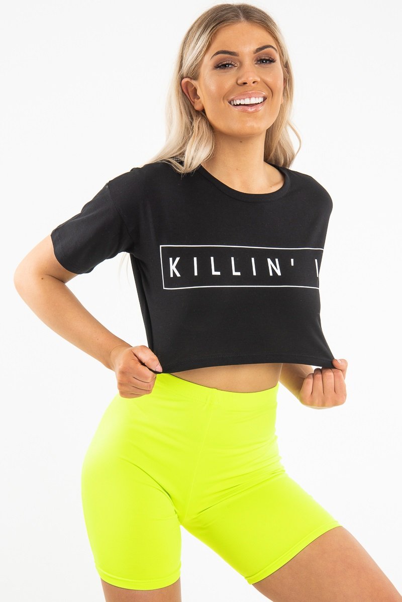 Black Killin' It Print Crop Crew Neck T-Shirt - Jenny-T-shirt