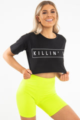 Black Killin' It Print Crop Crew Neck T-Shirt - Jenny-T-shirt