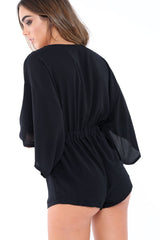Black Kimono Plunge Playsuit - Alisa-Playsuits